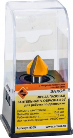 Фреза по дереву ЭНКОР гальтельная v-обр. ф15.8, 90°, хв. 8мм [9309]