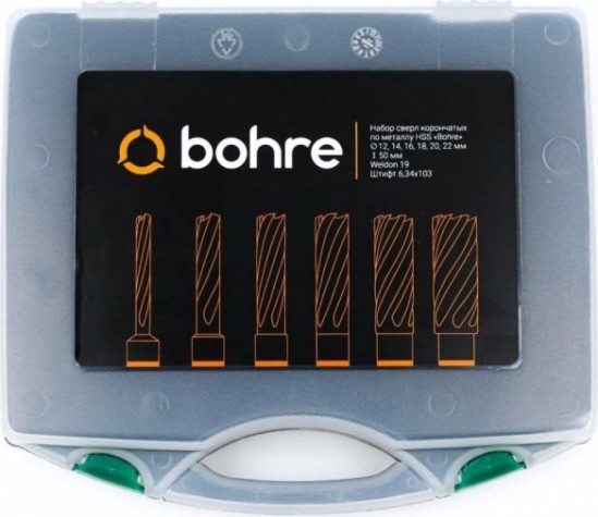 Набор сверл по металлу корончатых Bohre HSS 12-22х50 мм (7 предметов) с хв. weldon 19 мм (3/4'') [КБ003623]