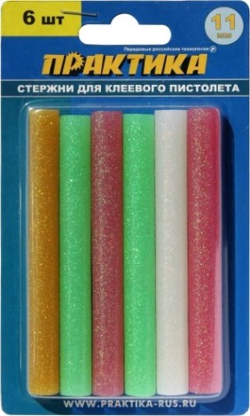 Стержень клеевой ПРАКТИКА 11х100 мм цветной, с блестками, 6шт [790-229]