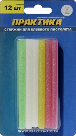 Стержень клеевой ПРАКТИКА 7х100 мм цветной, с блестками, 12шт [790-236]